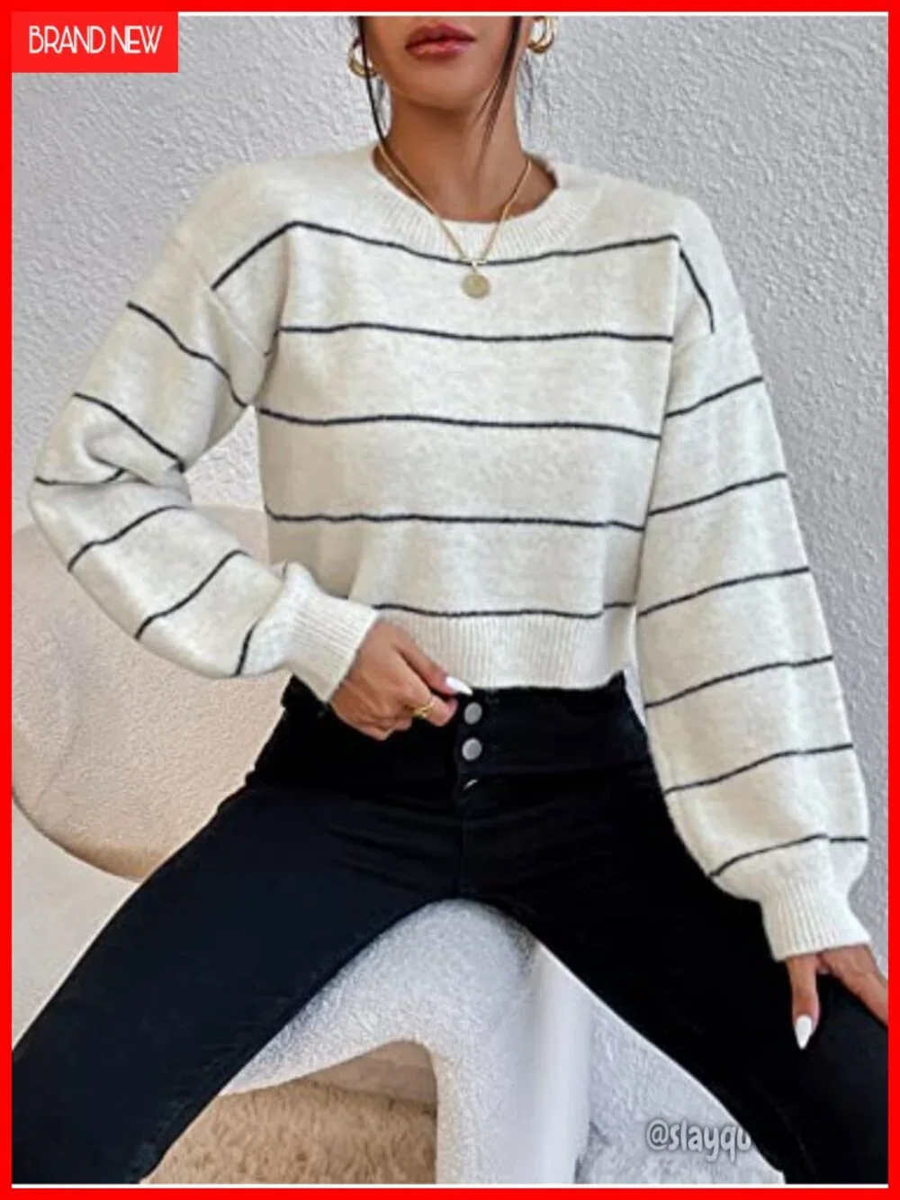 Striped Drop Shoulder Crewneck Soft Cropped Sweater Pullover Knit Top